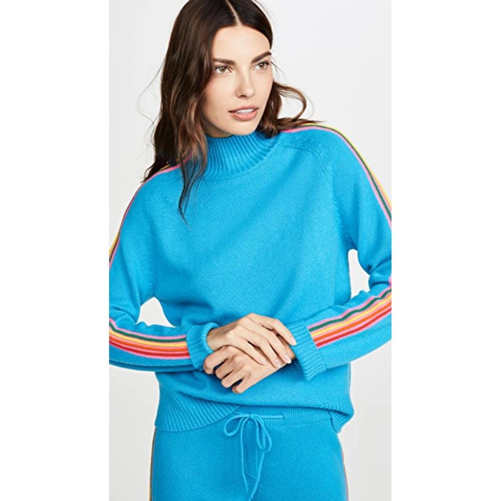 PREOWNED $395 CHINTI & PARKER RIPPLE BLUE RAINBOW WOOL CASHMERE TURTLENECK SZ L